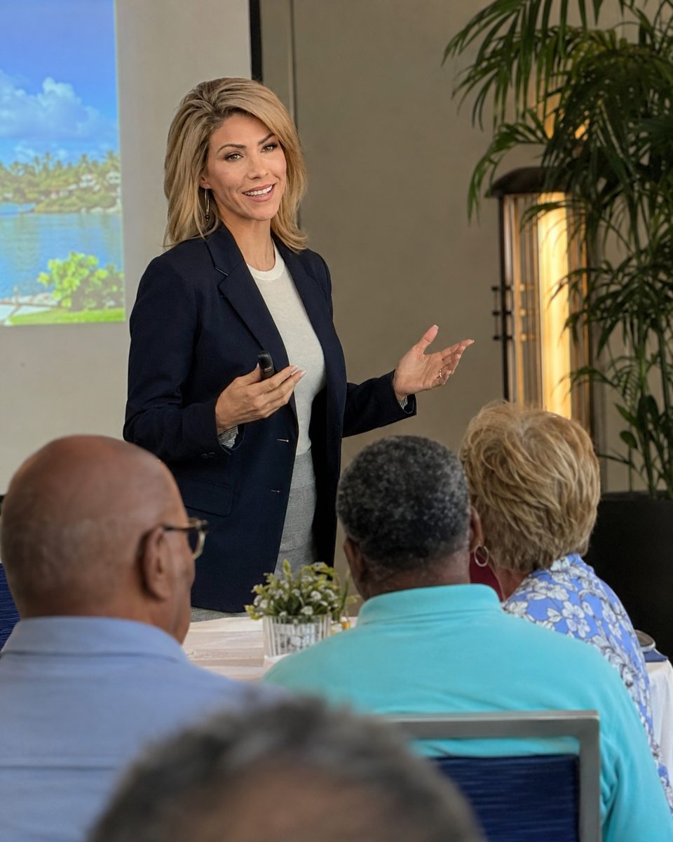 A presenter leading a live timeshare education seminar for owners
